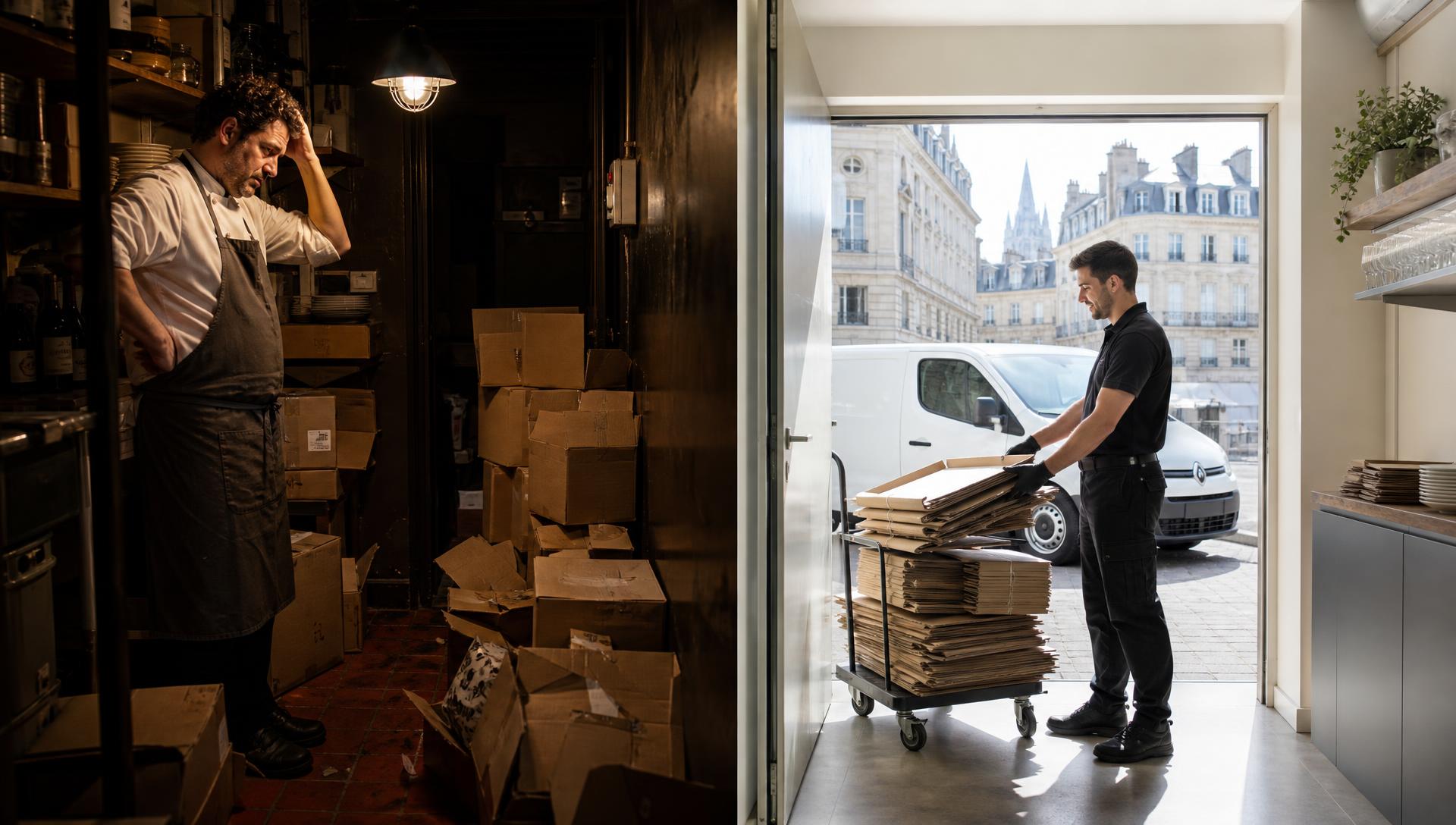 Avant / après : réserve de restaurant encombrée de cartons à gauche, espace dégagé après collecte EcoPro Service à droite